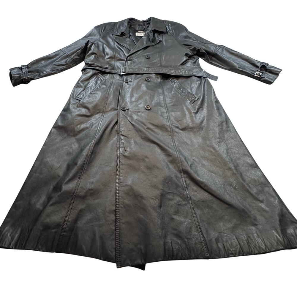 Vintage Pelle Studio Black Leather Trench Coat Size XL w/Belt & Removable Liner